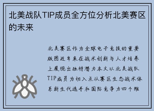 北美战队TIP成员全方位分析北美赛区的未来