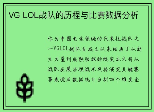 VG LOL战队的历程与比赛数据分析
