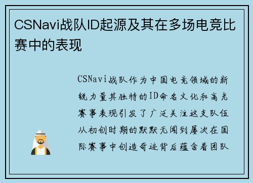 CSNavi战队ID起源及其在多场电竞比赛中的表现