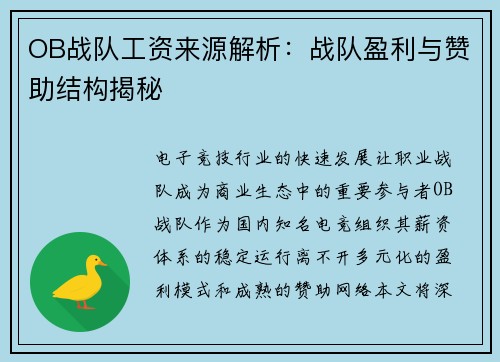 OB战队工资来源解析：战队盈利与赞助结构揭秘